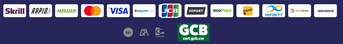 Online casino payment methods including Skrill, Neteller, Visa, Mastercard, Paysafecard, ecoPayz, Interac, MiFinity, MuchBetter, and Jeton