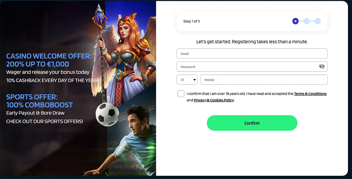 Online casino registration page showing a 200% welcome bonus up to €1,000, daily cashback, and quick sign-up form